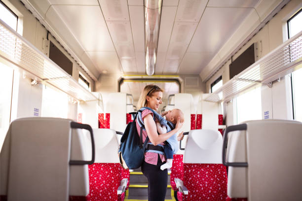 istock Young mother travelling with baby by train. 879069574
