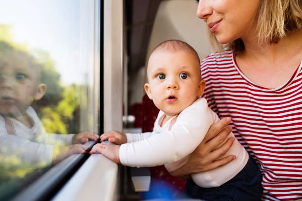 istock Young mother travelling with baby by train. 879070688