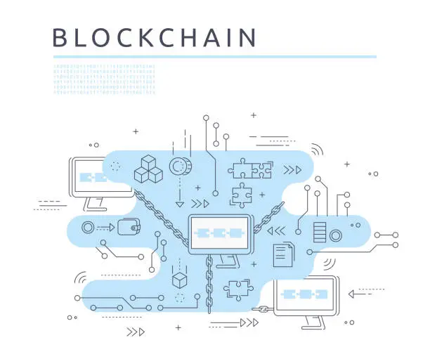Vector illustration of Blockchain technologie process abstract illustration in thin line style. Cryptocurrency vector concept.
