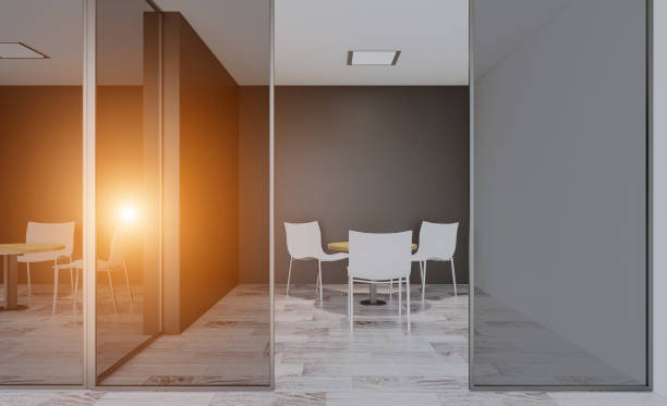 istock Modern office Cabinet. Meeting room. 3D rendering.  Lights in the window. 879079280