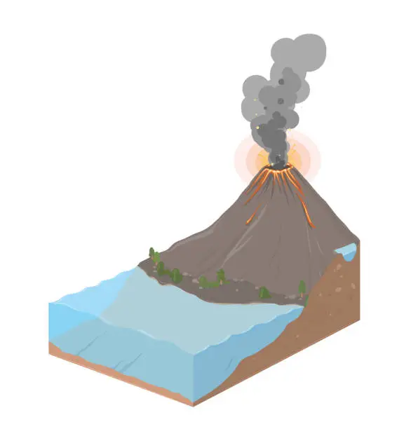 Vector illustration of Earth slice with ocean and volcanic eruption. Vector Landscape illustration, isolated on white.