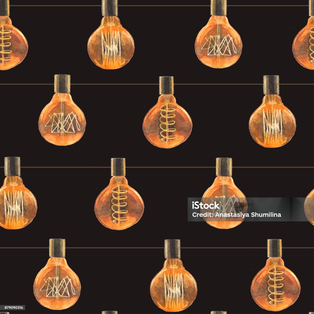 Edison Patterns Watercolor Seamless Pattern With Vintage Edison Lamps Stock ...