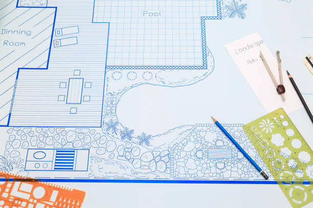 istock Blueprint backyard garden and pool design plan for villa. 879090366