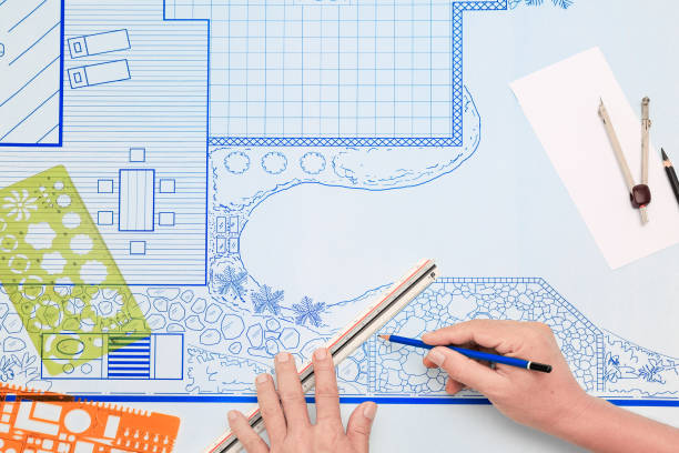 istock Blueprint backyard garden and pool design plan for villa. 879090688