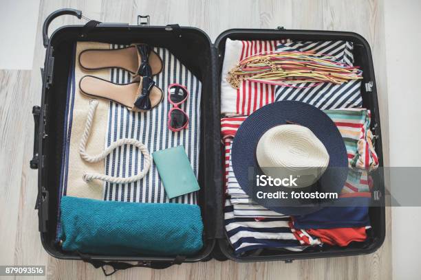 Beach Supplies Stock Photo - Download Image Now - Suitcase, Open, Neat