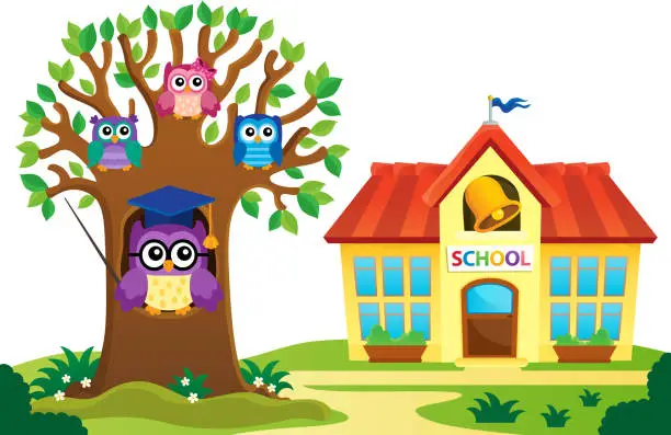 Vector illustration of Tree and owls near school theme 1