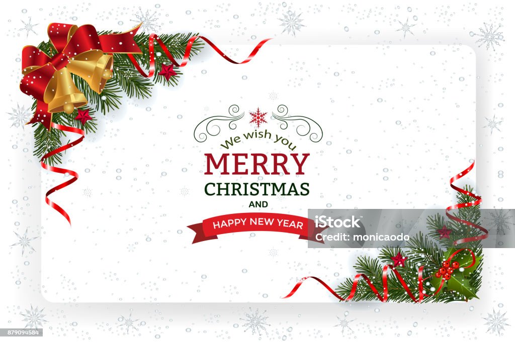 Christmas And New Year Greeting Card Christmas background with decoration and paper. Decorative Christmas festive background with bells stars and ribbons. Christmas stock vector