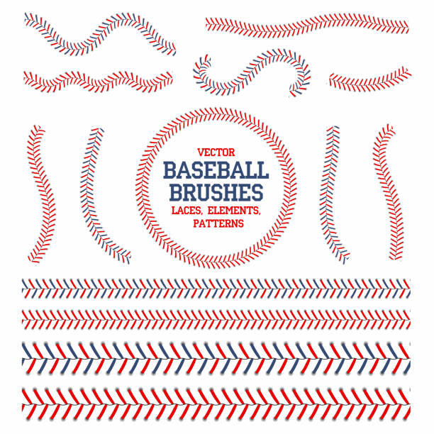 ilustraciones, imágenes clip art, dibujos animados e iconos de stock de conjunto de cordones de béisbol. cepillos de la costura del béisbol. puntos rojos y azules, cordones para la decoración de la bola de béisbol - baseball background