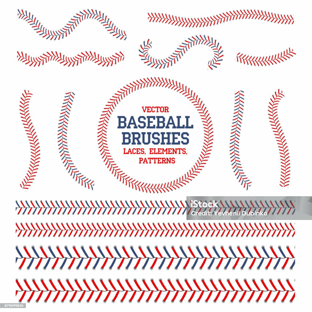 Baseball laces set. Baseball seam brushes. Red and blue stitches, laces for baseball ball decoration Baseball laces set. Baseball seam brushes. Red and blue stitches, laces for baseball ball decoration. Vector Baseball - Ball stock vector