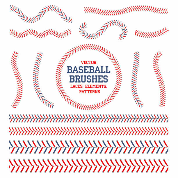 Baseball laces set. Baseball seam brushes. Red and blue stitches, laces for baseball ball decoration Baseball laces set. Baseball seam brushes. Red and blue stitches, laces for baseball ball decoration. Vector baseball threads stock illustrations