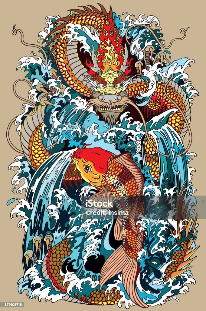 Koi Karpfen Fisch und Dragon Gate Illustration nach asiatischen Mythologie - Lizenzfrei Drache Vektorgrafik