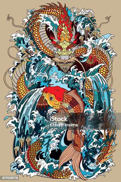 Koi Karpfen Fisch Und Dragon Gate Illustration Nach Asiatischen Mythologie Stock Vektor Art und mehr Bilder von Drache