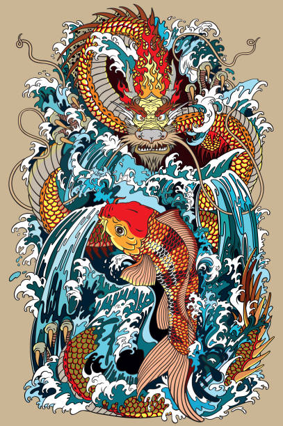 ilustrações de stock, clip art, desenhos animados e ícones de koi carp fish and dragon gate illustration according asian mythology - carpa espelho