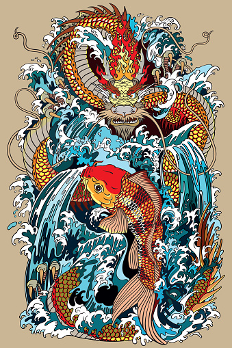istock koi carp fish and dragon gate illustration according Asian mythology 879108718