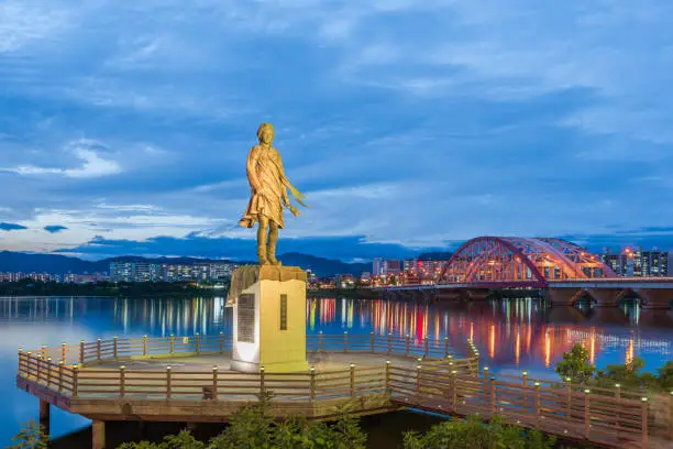 The statue and bridge of chuncheon at nigth,south korea