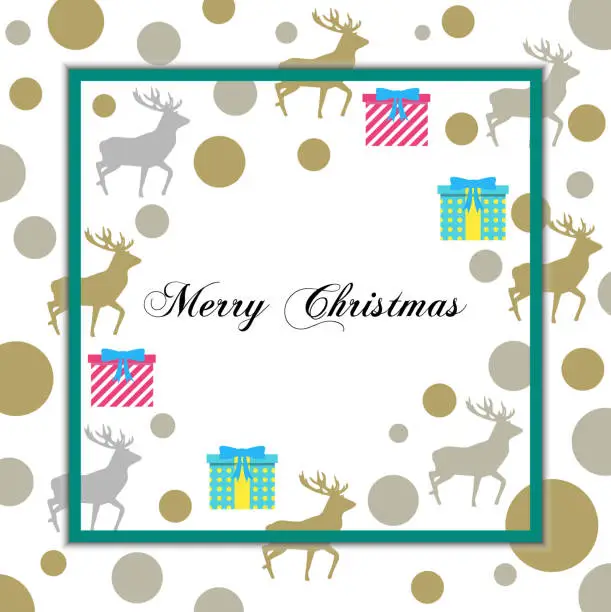 Vector illustration of Christmas background with Reindeer or Caribou and Gifts. Merry Christmas card.