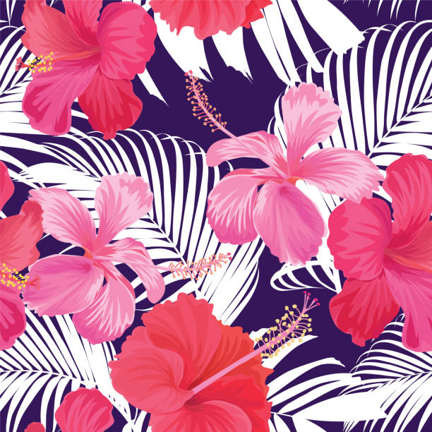 istock Tropical seamless pattern with hibiscus syriacus flower with leaf on purple background. 879111728