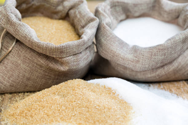 Various types of sugar, brown sugar and white stock photo