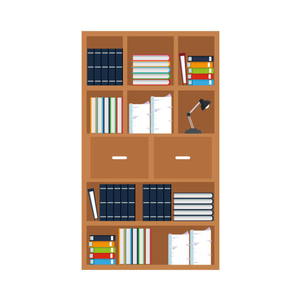 ilustrações de stock, clip art, desenhos animados e ícones de wooden bookcase with elements - book library door retro revival