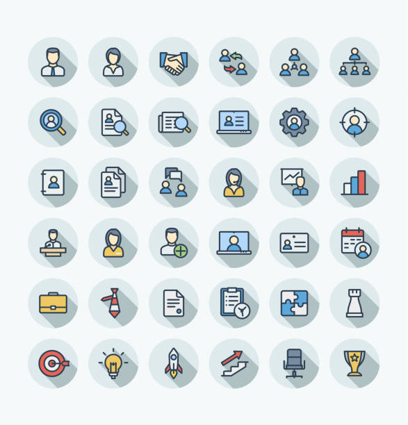 Vector flat color thin line icons set business and management outline symbols. Vector thin line icons set and graphic design elements. Illustration with business and management outline symbols. Marketing research, strategy, work people, career, job interview flat color pictogram interview event icons stock illustrations