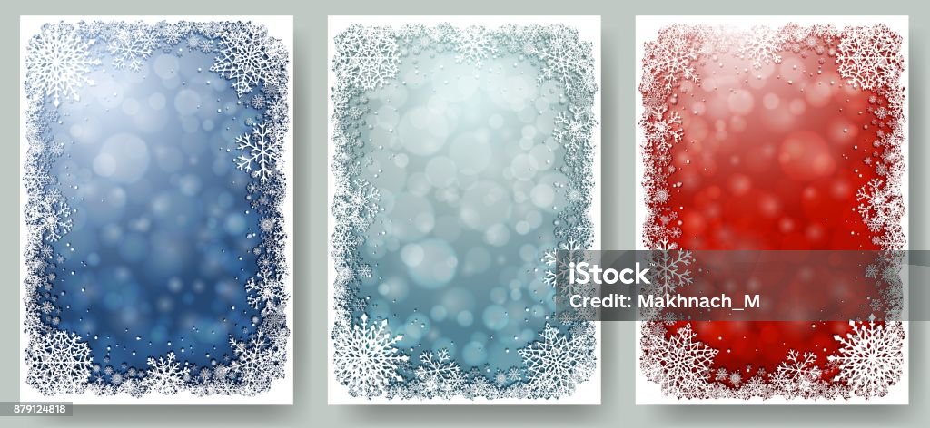 Set of Christmas cards with frame of snowflakes Set of Christmas cards with white frame of snowflakes. Winter illustrations with blue and red blurred bokeh backgrounds and copy-space. Vector. Christmas stock vector