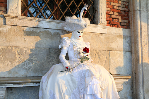 A person dressed in mask and fancy dress for the Carnival of Venice poses for a photo on Piazza San Marco in Venice