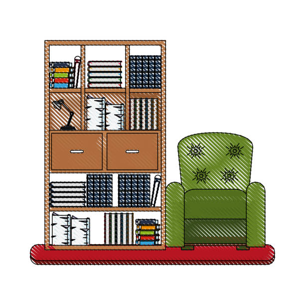 ilustrações de stock, clip art, desenhos animados e ícones de bookcase and sofa - book library door retro revival