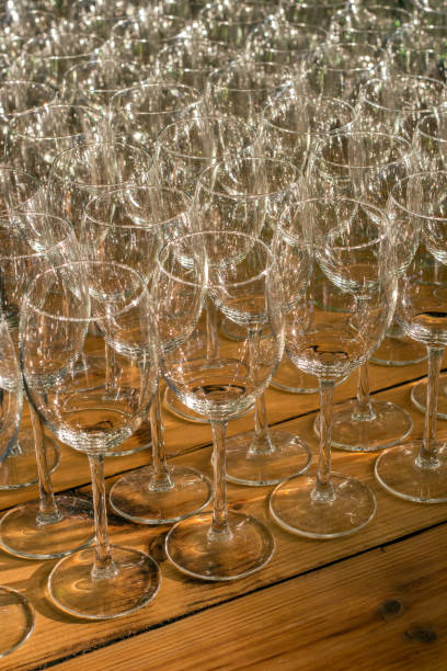 istock Empty wineglasses in a row on wood. 879130566