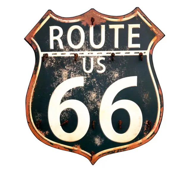 Isolated black and white vintage Route 66 sign.