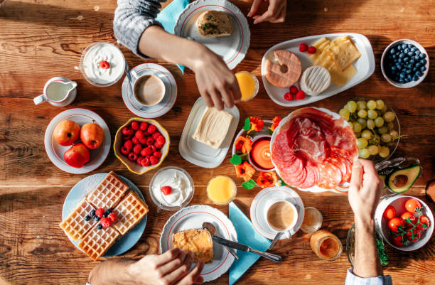 istock Overhead view on breakfast table, Couple having breakfast together 879134480