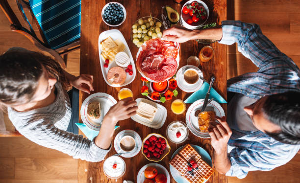 Overhead view on breakfast table