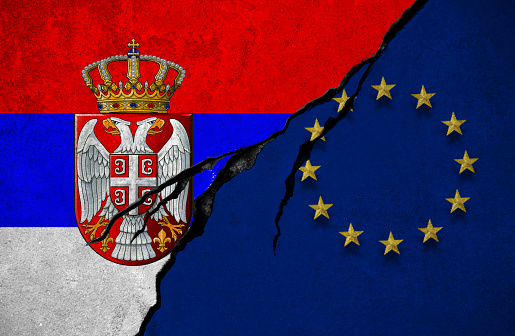Serbian and European Union flag, conflict concept