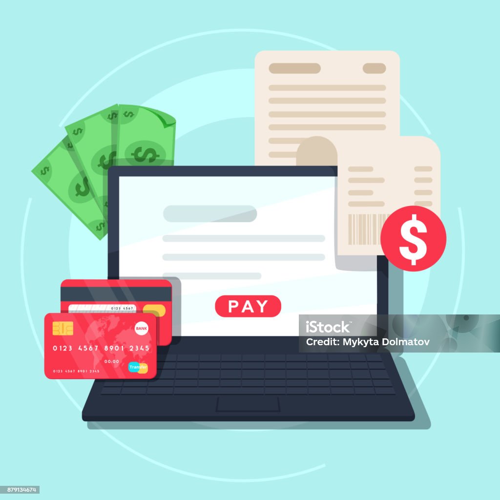 Paying bill online. Online Money Transaction Concept. Payment on internet concept. Paying bill online. Online Money Transaction Concept. Payment on internet concept. Flat design style vector illustration. Credit card, notebook with bill and money. Paying stock vector