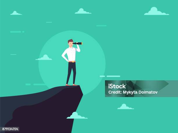 Vision Concept In Business With Vector Icon Of Businessman And Telescope Monocular Symbol Leadership Stock Illustration - Download Image Now