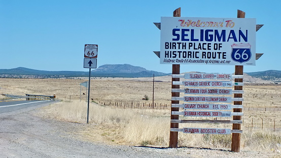 Seligman, Arizona, USA, June 23, 2013: The Welcome to Seligman  road sign on Route 66 in Arizona.