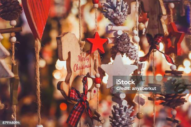 Merry Christmas Cute Festive Decoration Close Up Stock Photo - Download Image Now - Christmas Decoration, Christmas, Shopping