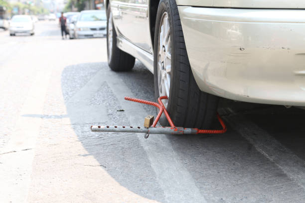 istock The motor vehicle is immobilised by a wheel clamp 879150588