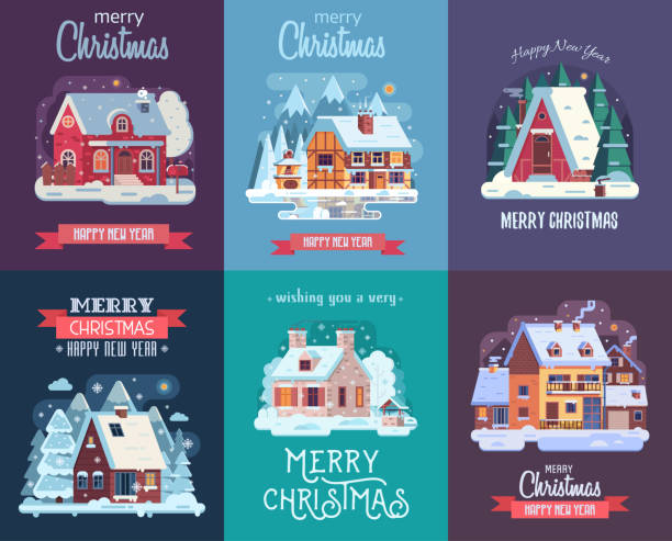 Christmas Card with Forest Winter House by Night Christmas cards set with forest winter houses and homes on countryside background. Xmas congratulation postcards with snowy cottages and farmhouses on rural landscape in flat and cartoon style. log cabin vector stock illustrations