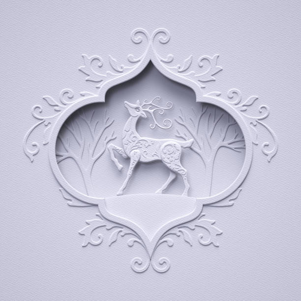 istock 3d render, reindeer, stag, white forest trees, embellished frame, Christmas greeting card, vintage ornament, white paper cut winter scene, flat layers, paper texture 879154226