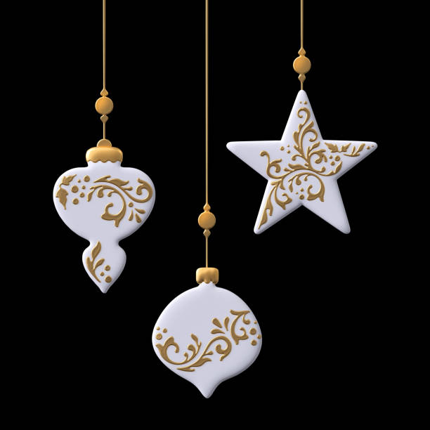 istock 3d render, digital illustration, hanging ornaments, balls, Christmas greeting card, white embossed paper toys, isolated on black background 879154356