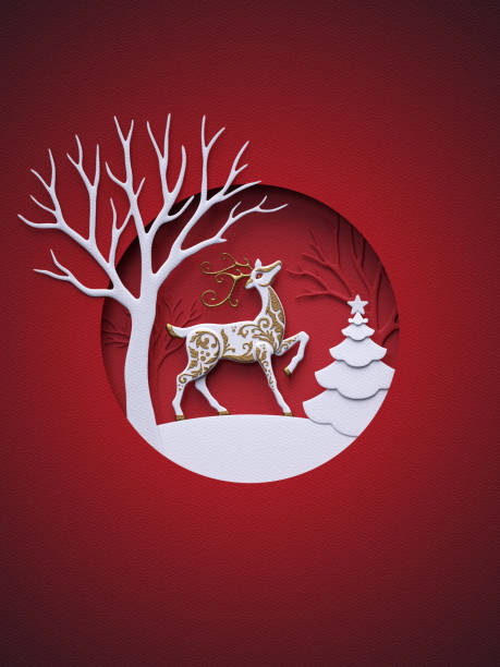 3d render, digital illustration, flat paper craft winter landscape, reindeer, fir tree, layers, stag, Christmas greeting card, white tree, round frame, red background