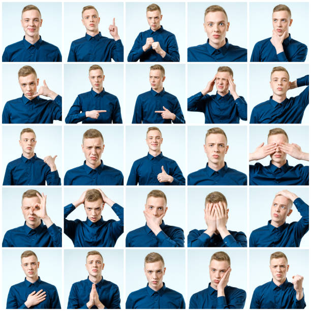 Set of handsome emotional man isolated over gray background Set of handsome emotional man isolated over gray background part of a series stock pictures, royalty-free photos & images