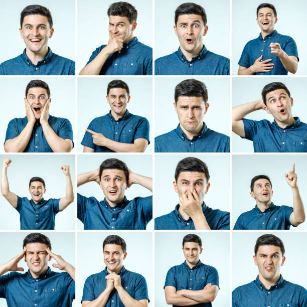 istock Set of young man's portraits with different emotions and gestures isolated 879163082