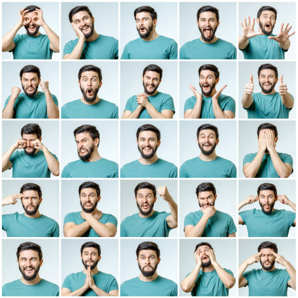 Set of young man's portraits with different emotions and gestures isolated Set of young man's portraits with different emotions and gestures isolated facial expression stock pictures, royalty-free photos & images