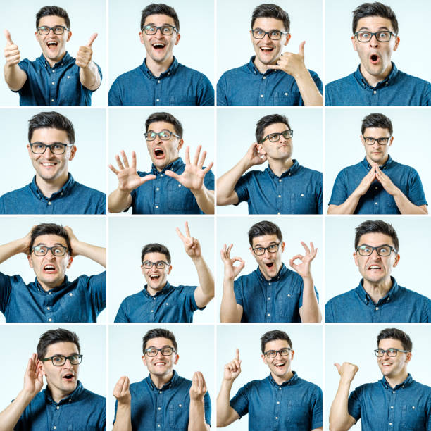 istock Set of young man's portraits with different emotions and gestures isolated 879163094