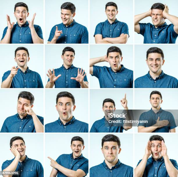 Set Of Young Mans Portraits With Different Emotions And Gestures Isolated Stock Photo - Download Image Now