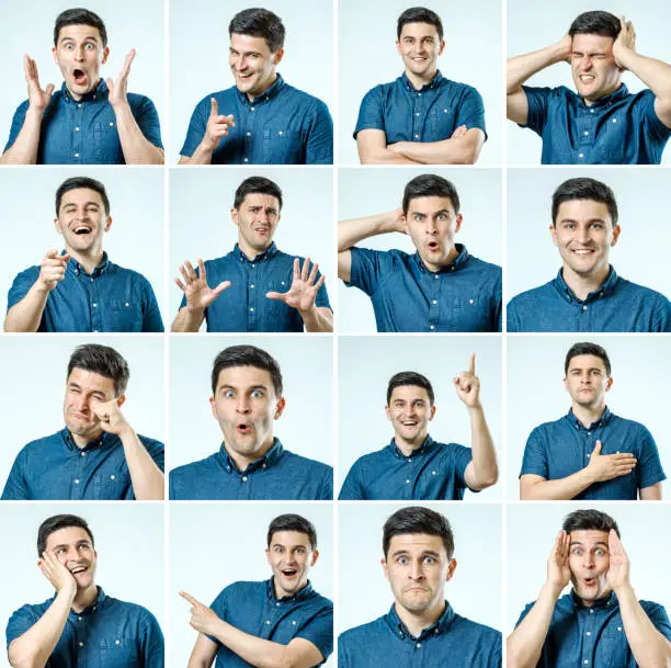 Set of young man's portraits with different emotions and gestures isolated