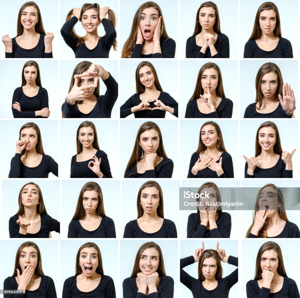 Collage of beautiful girl with different facial expressions isolated Facial Expression Stock Photo