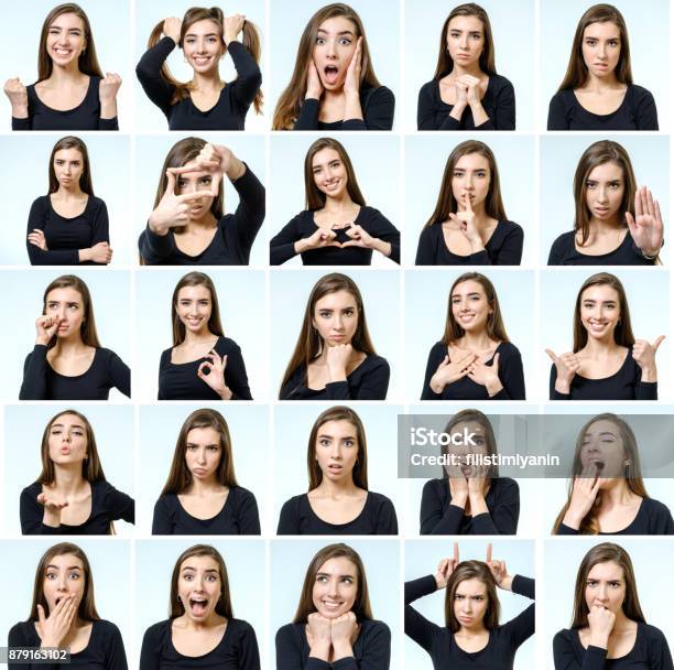 Collage Of Beautiful Girl With Different Facial Expressions Isolated Stock Photo - Download Image Now