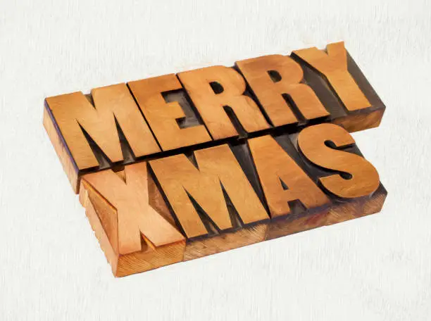 Merry Christmas  (Xmas) greeting card - text in vintage letterpress wood type, a photo with digital painting effect